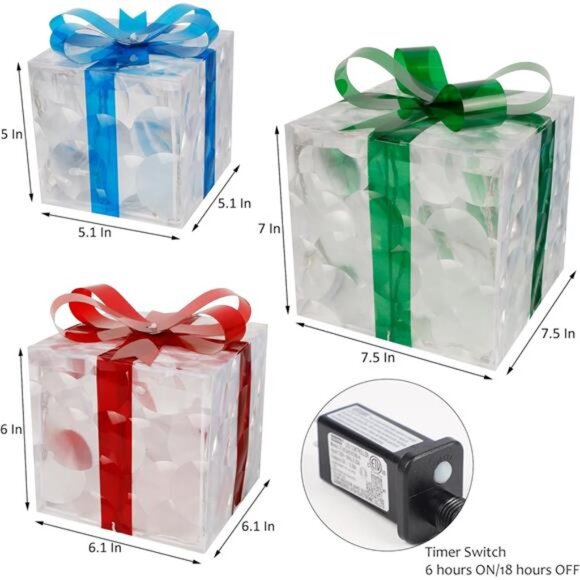 Set of 3 Lighted Gift Boxes Christmas Decorations, 60 LED Transparent - Picture 2 of 7